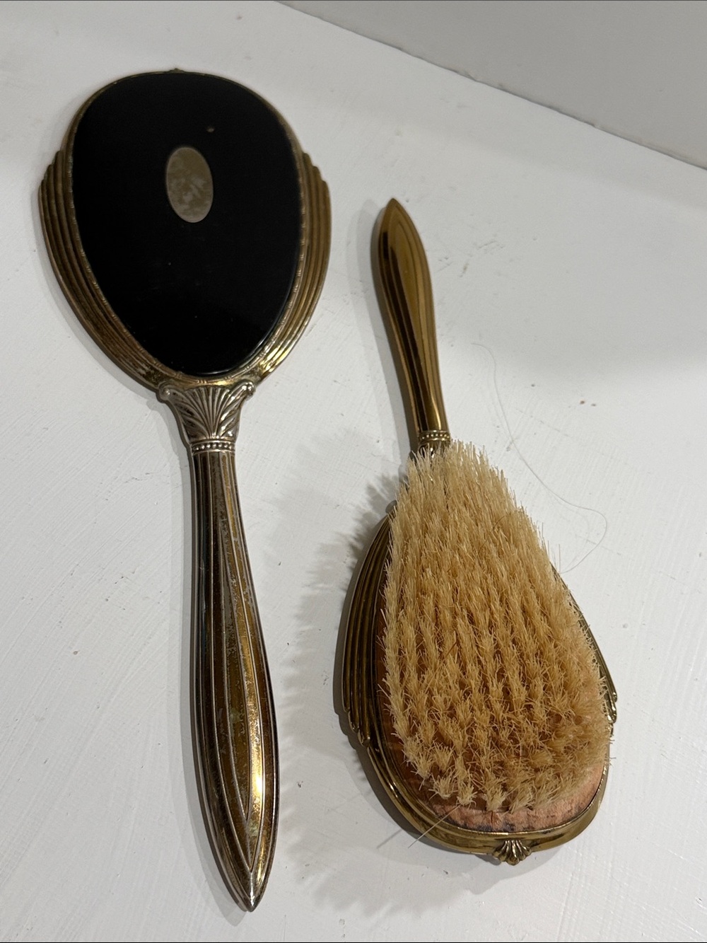 Vintage Art Deco Vanity Set Mirror & Brush Black Gold 1920’s